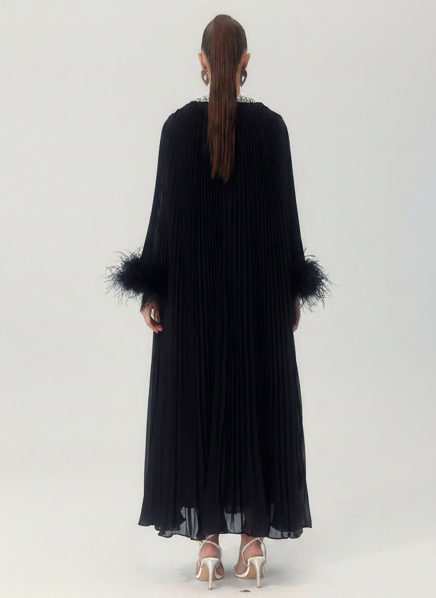 Odessa Crystal Collar Feather-Cuff Pleated Maxi Dress - Black back