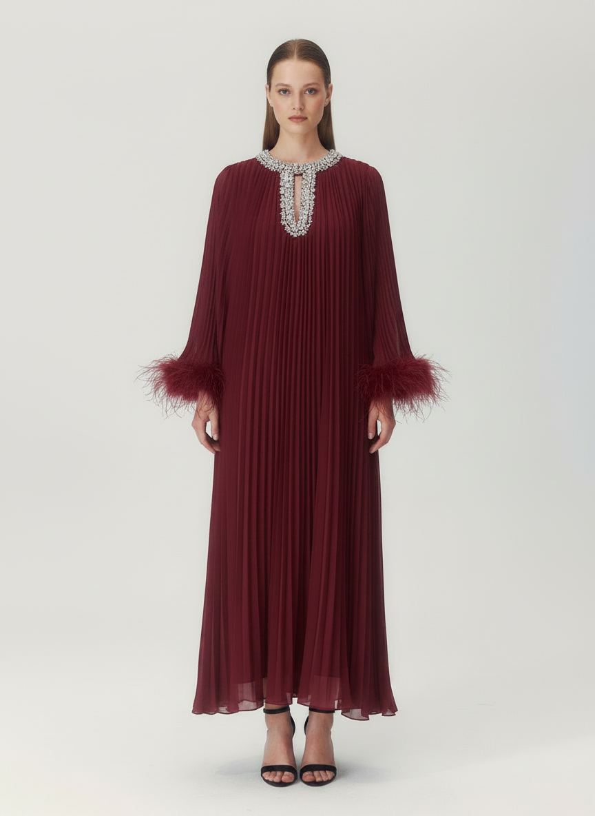 Odessa Crystal Collar Feather-Cuff Pleated Maxi Dress - Burgundy front