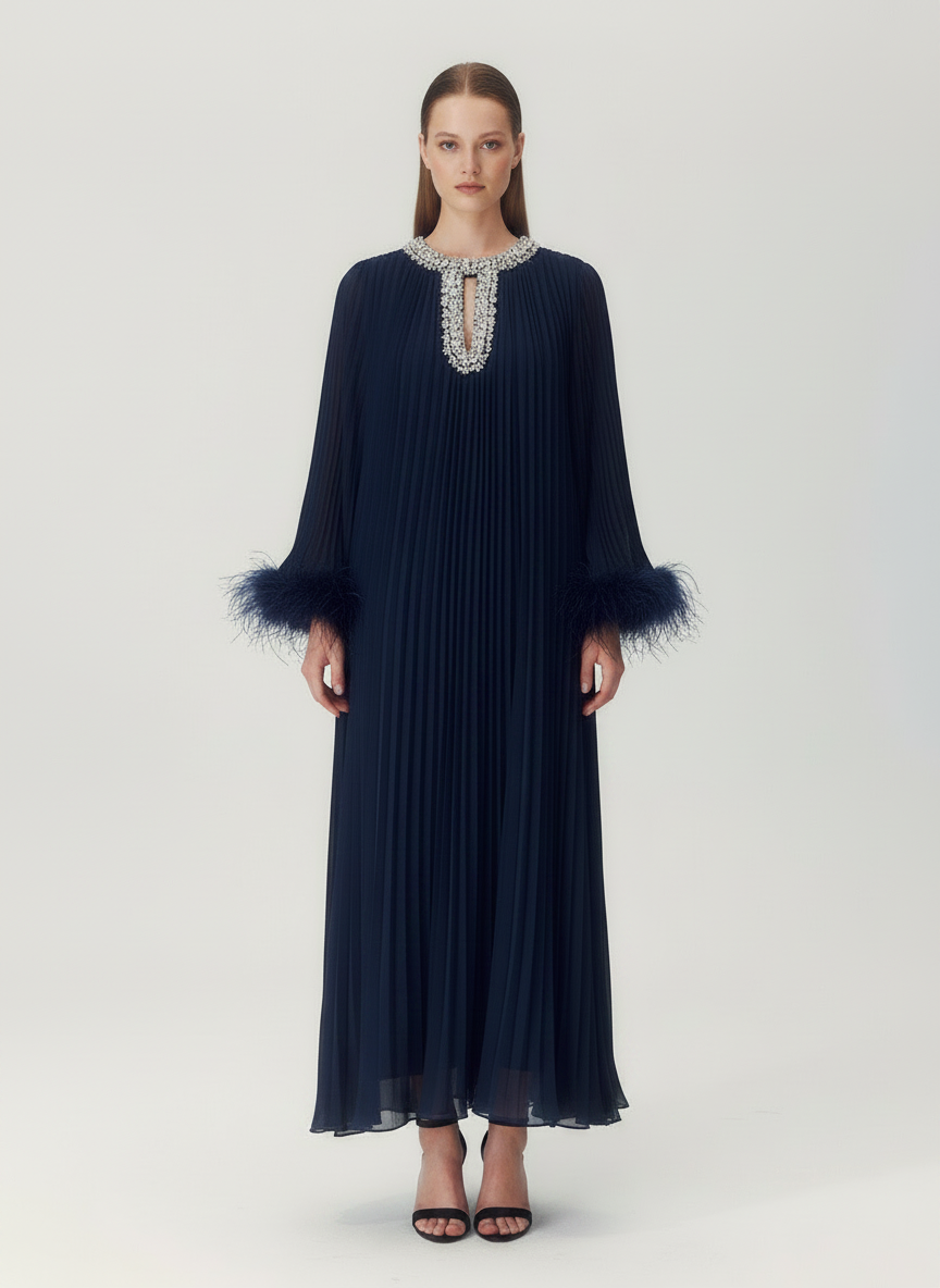 Odessa Crystal Collar Feather-Cuff Pleated Maxi Dress - Navy Blue front