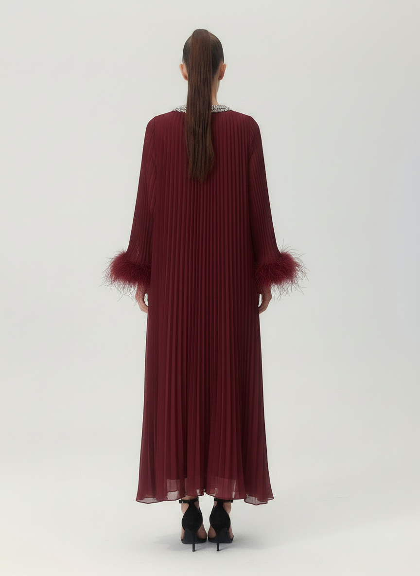 Odessa Crystal Collar Feather-Cuff Pleated Maxi Dress - Burgundy back
