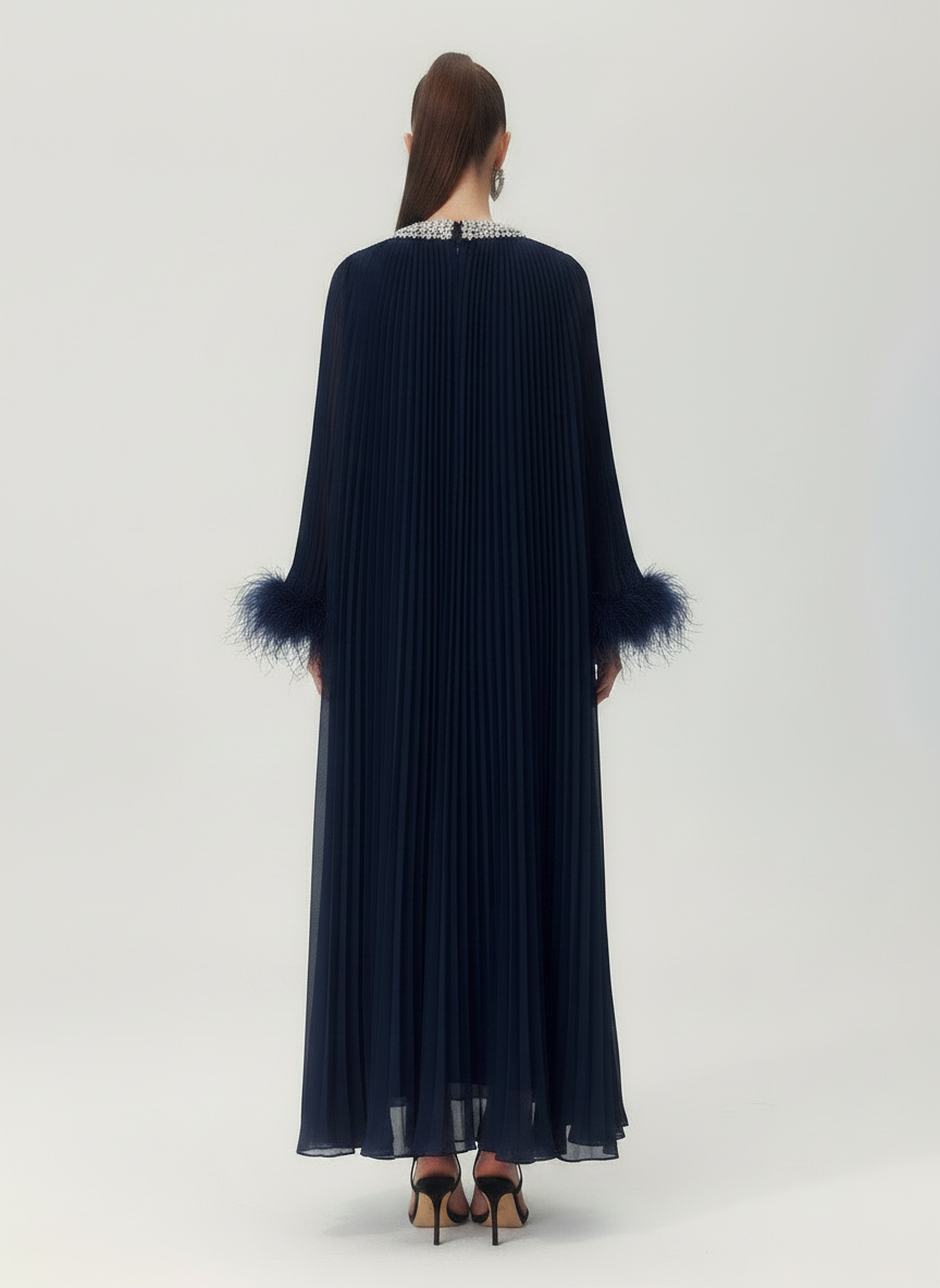 Odessa Crystal Collar Feather-Cuff Pleated Maxi Dress - Navy Blue back