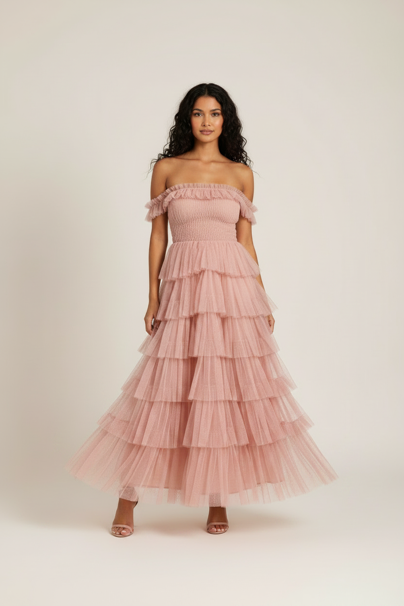 Rosalind Tiered Ruffle Tulle Maxi Dress - Blush - off-shoulder styling