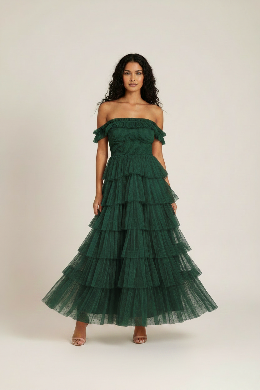 Rosalind Tiered Ruffle Tulle Maxi Dress - Hunter Green - off-shoulder styling