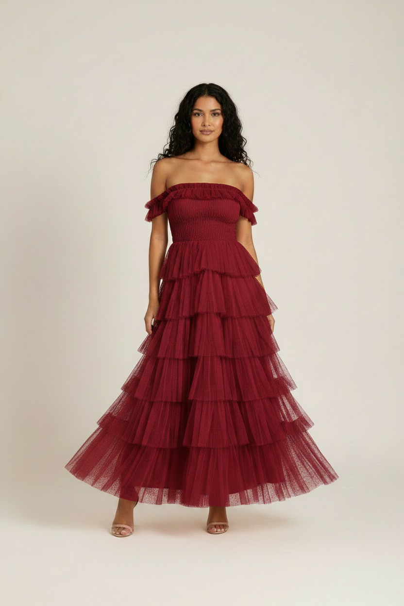 Rosalind Tiered Ruffle Tulle Maxi Dress - Burgundy - off-shoulder styling