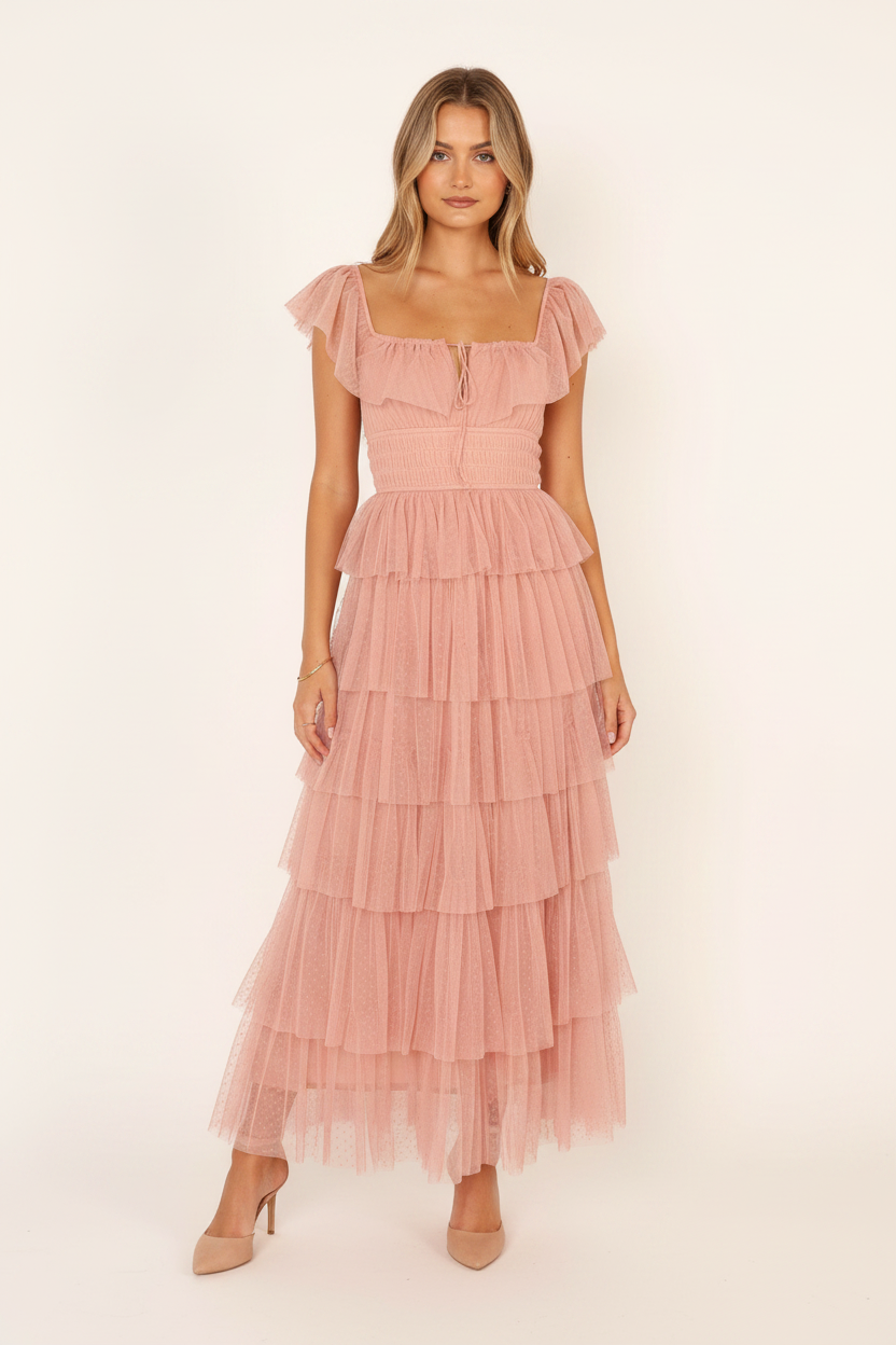 Rosalind Tiered Ruffle Tulle Maxi Dress - Blush front