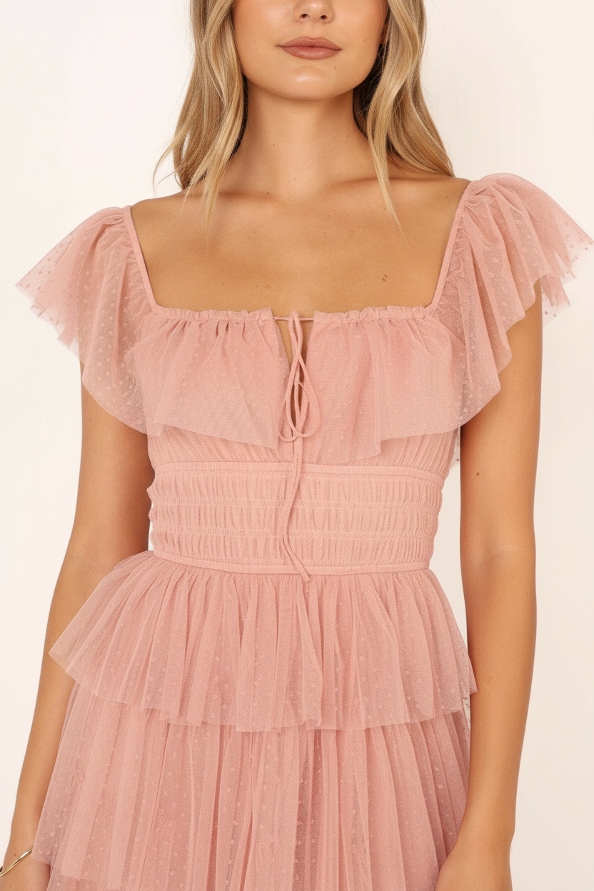 Rosalind Tiered Ruffle Tulle Maxi Dress - Blush bodice detail