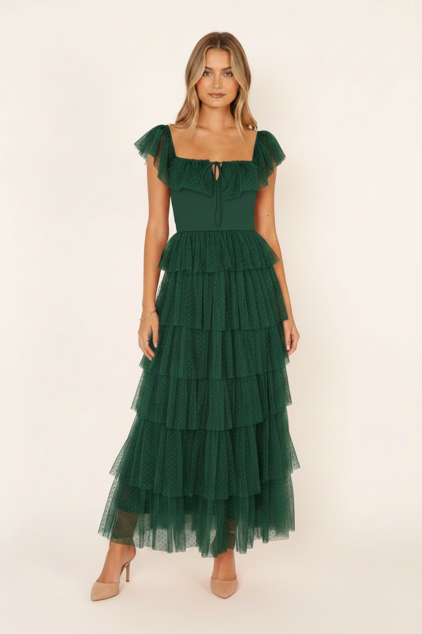 Rosalind Tiered Ruffle Tulle Maxi Dress - Hunter Green front