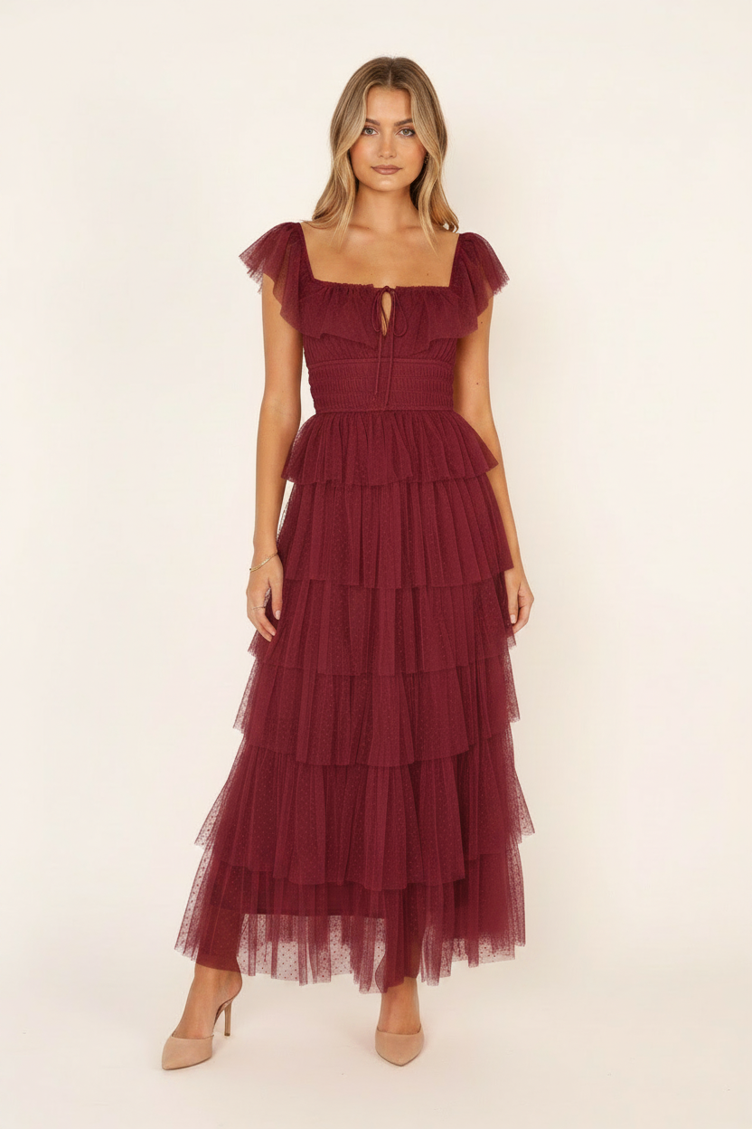 Rosalind Tiered Ruffle Tulle Maxi Dress - Burgundy front