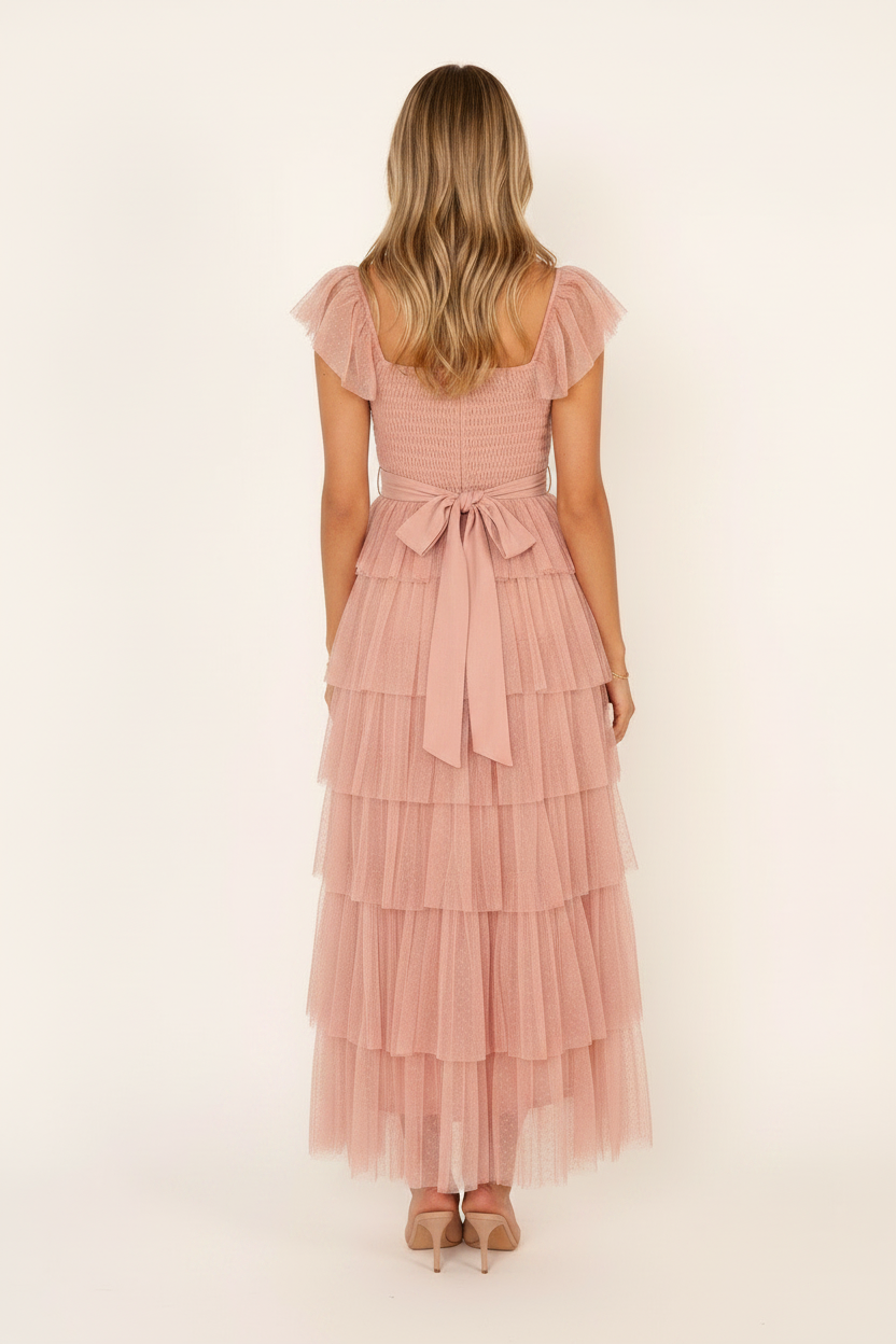 Rosalind Tiered Ruffle Tulle Maxi Dress - Blush back full body