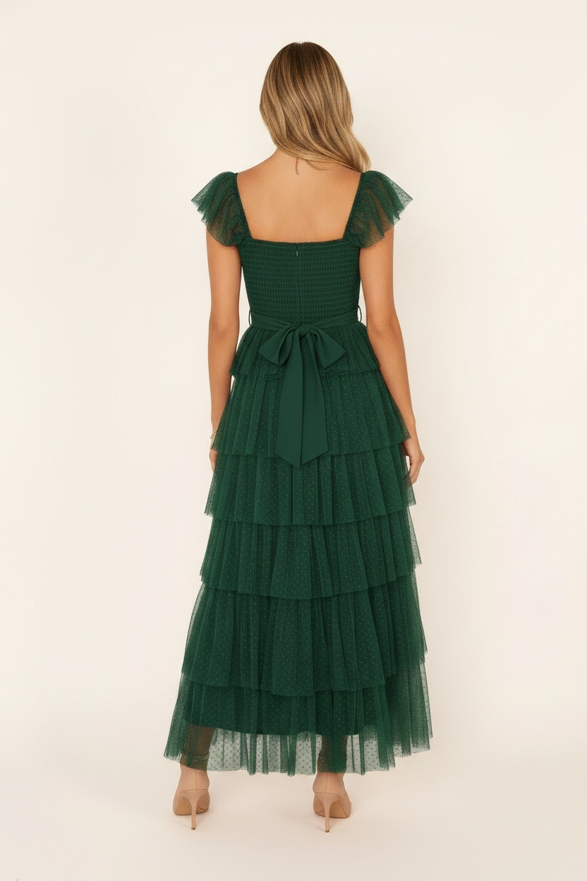 Rosalind Tiered Ruffle Tulle Maxi Dress - Hunter Green back full body