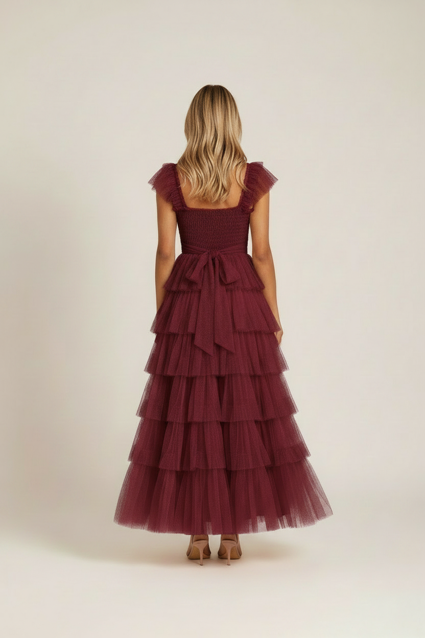 Rosalind Tiered Ruffle Tulle Maxi Dress - Burgundy back full body