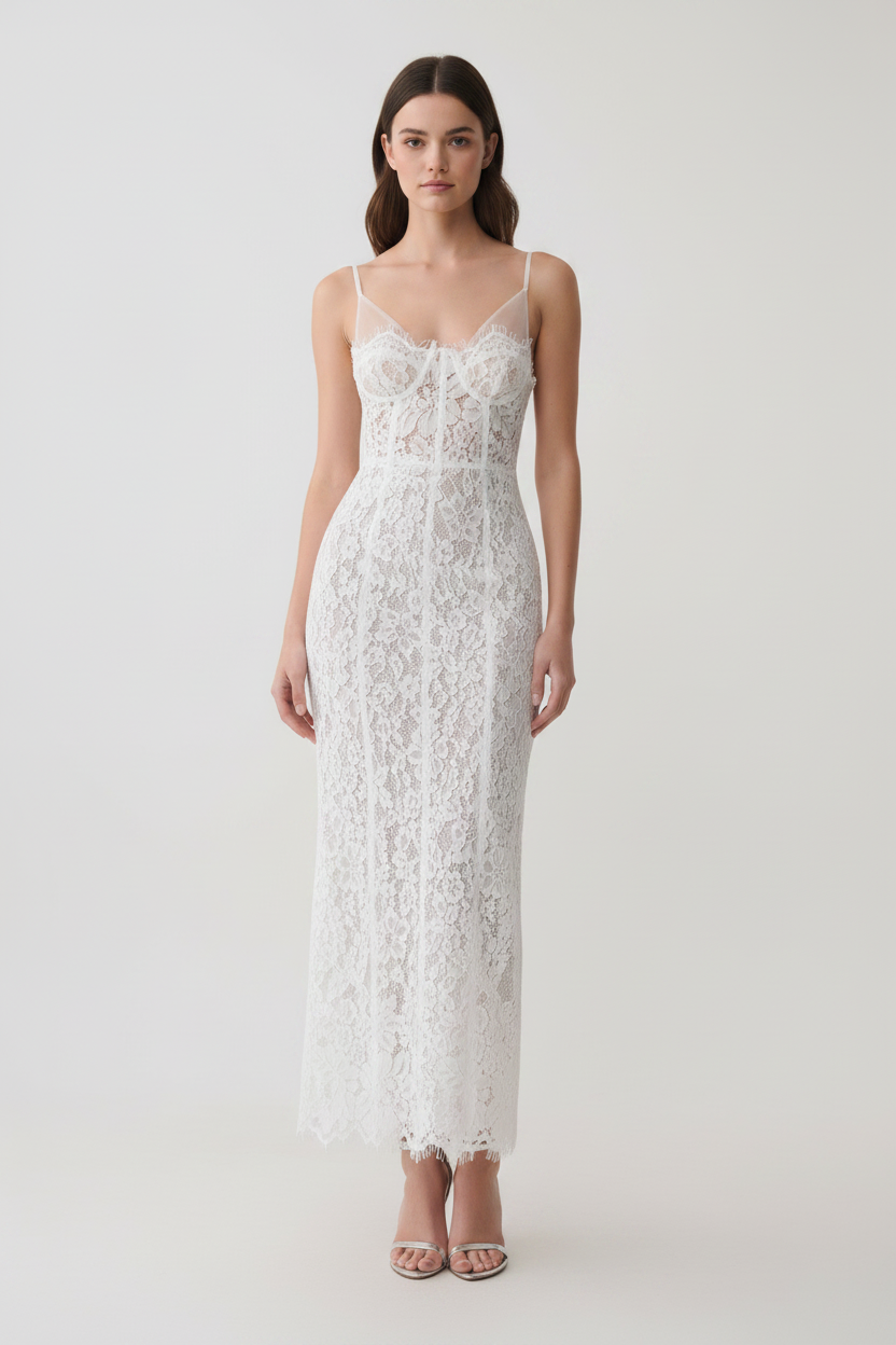Marielle Lace Bustier Midi Dress - White front