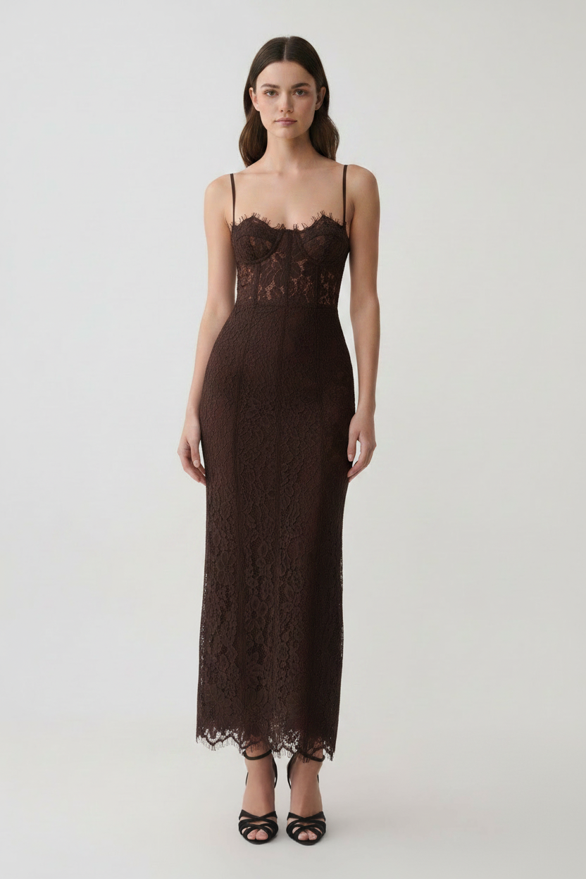 Marielle Lace Bustier Midi Dress - Brown front