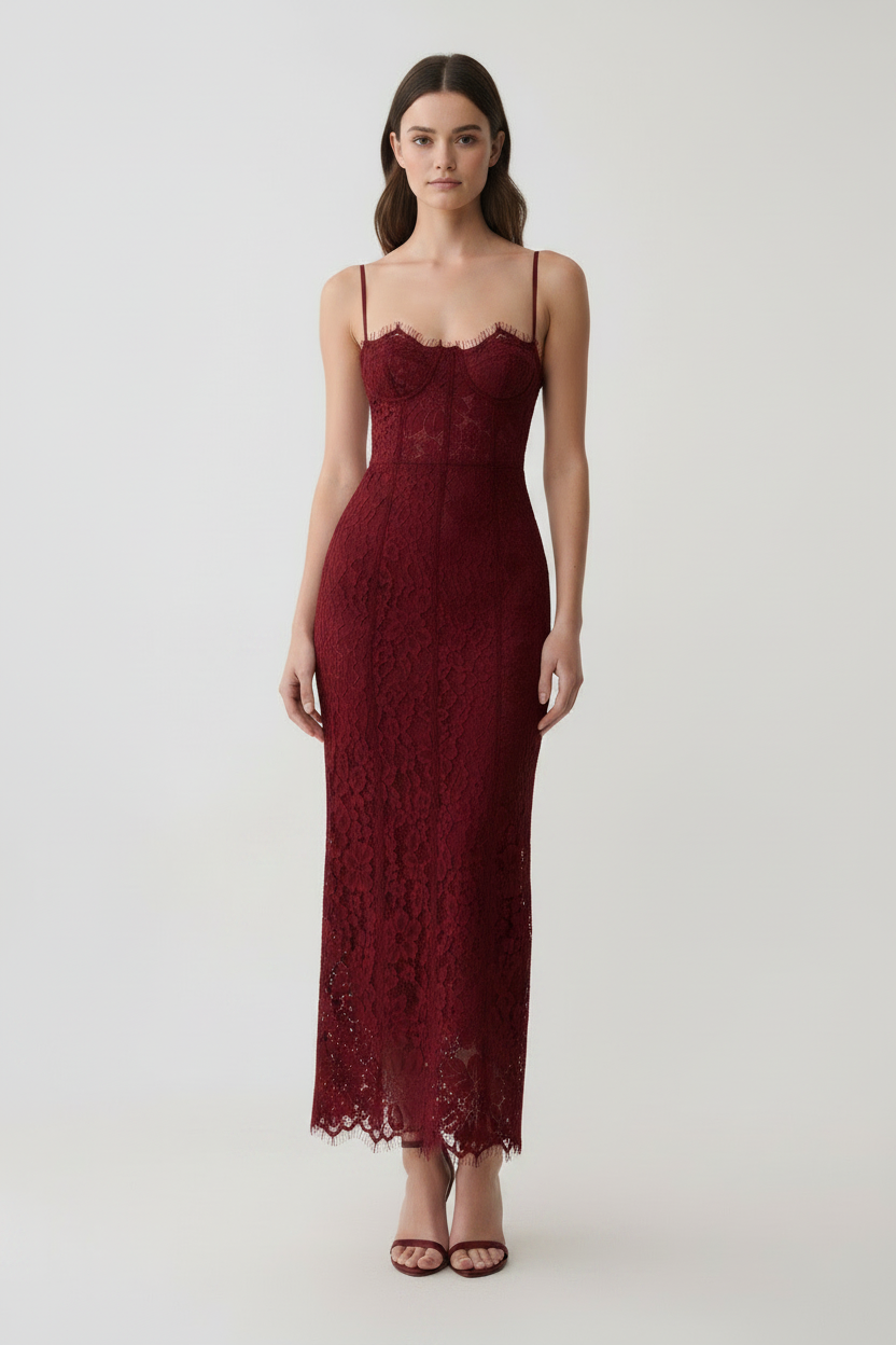 Marielle Lace Bustier Midi Dress - Burgundy front