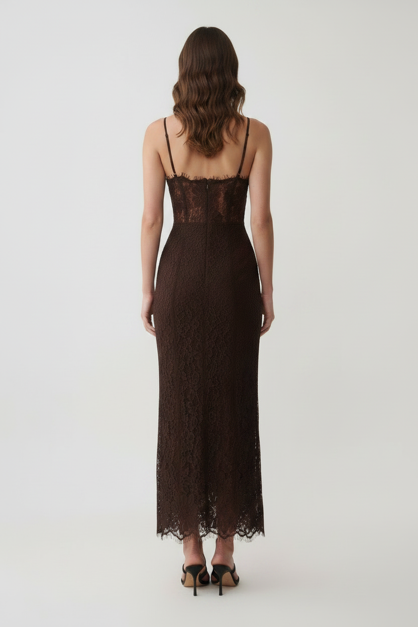 Marielle Lace Bustier Midi Dress - Brown back