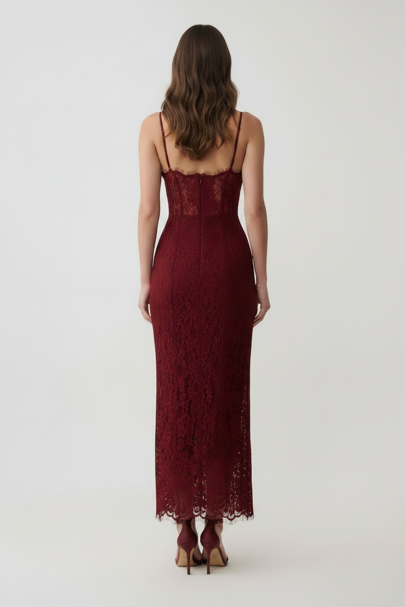 Marielle Lace Bustier Midi Dress - Burgundy back
