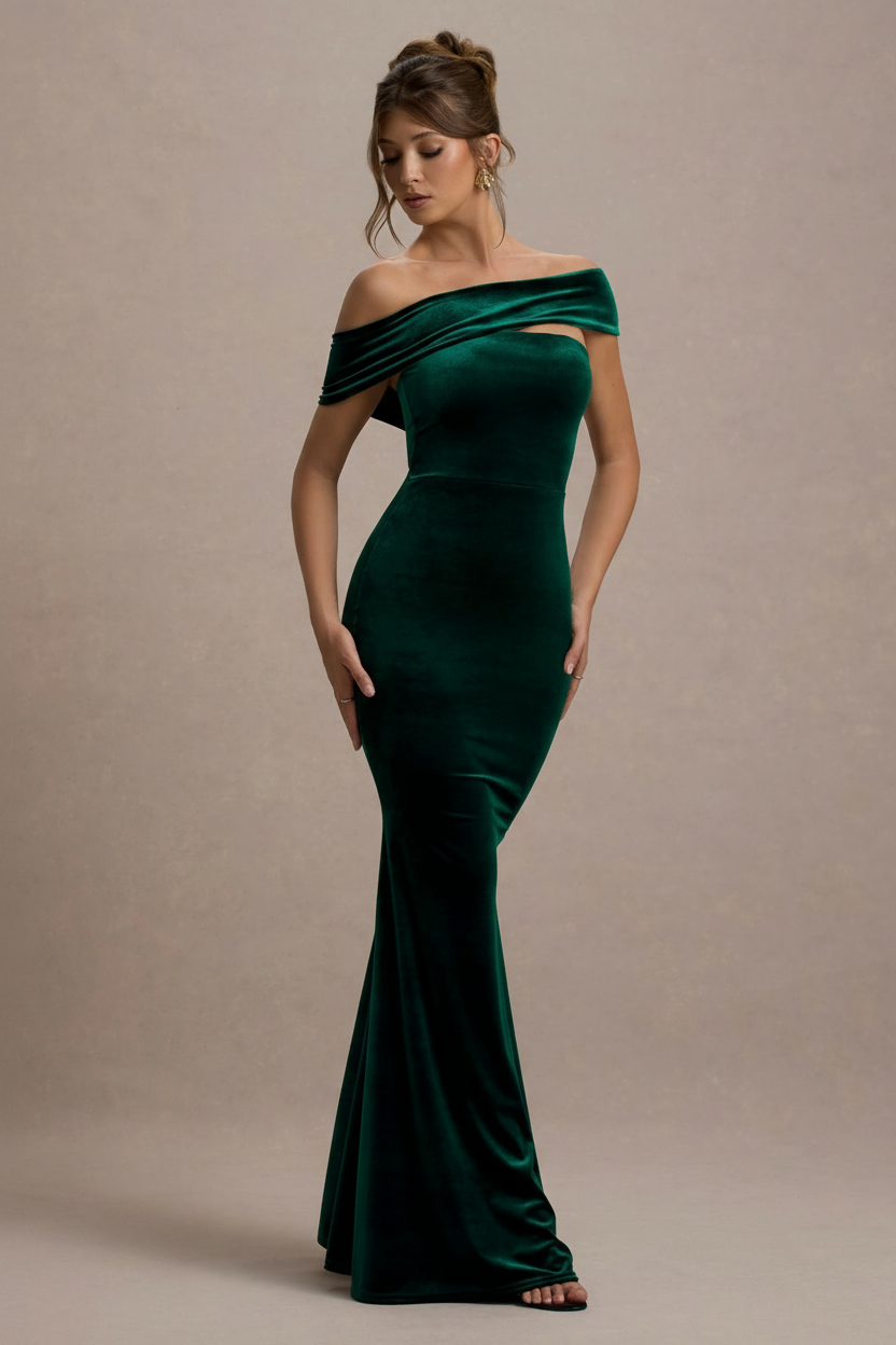 Selene Bardot Velvet Mermaid Maxi Dress in Hunter Green, front view