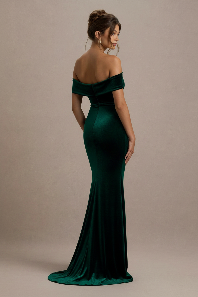 Selene Bardot Velvet Mermaid Maxi Dress in Hunter Green, back view