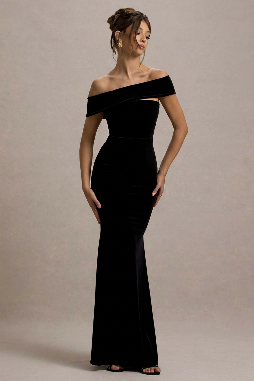 Selene Bardot Velvet Mermaid Maxi Dress in Black, front view