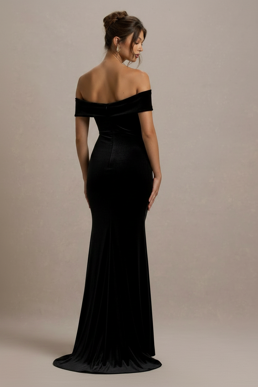 Selene Bardot Velvet Mermaid Maxi Dress in Black, back view