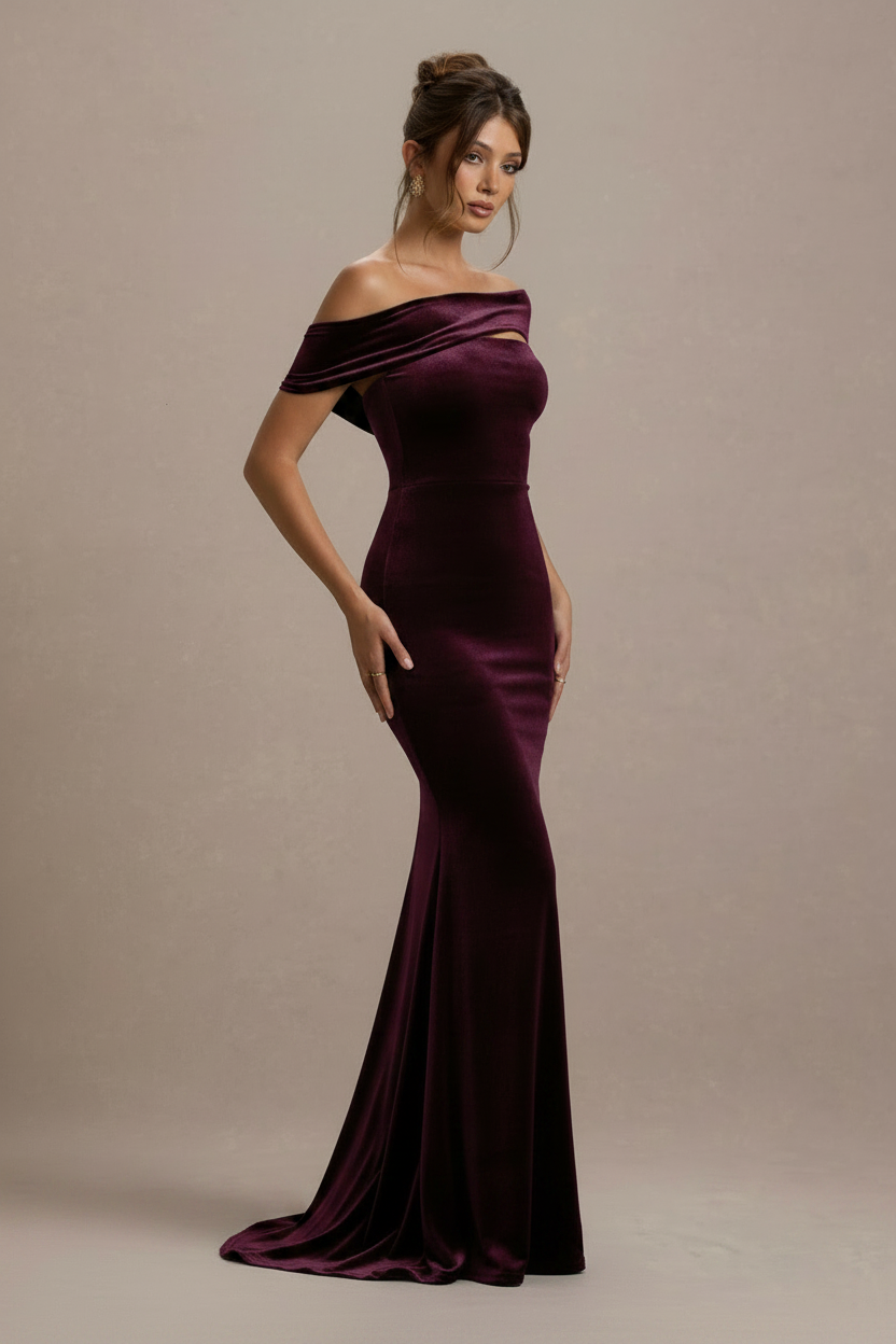 Selene Bardot Velvet Mermaid Maxi Dress in Burgundy, front view
