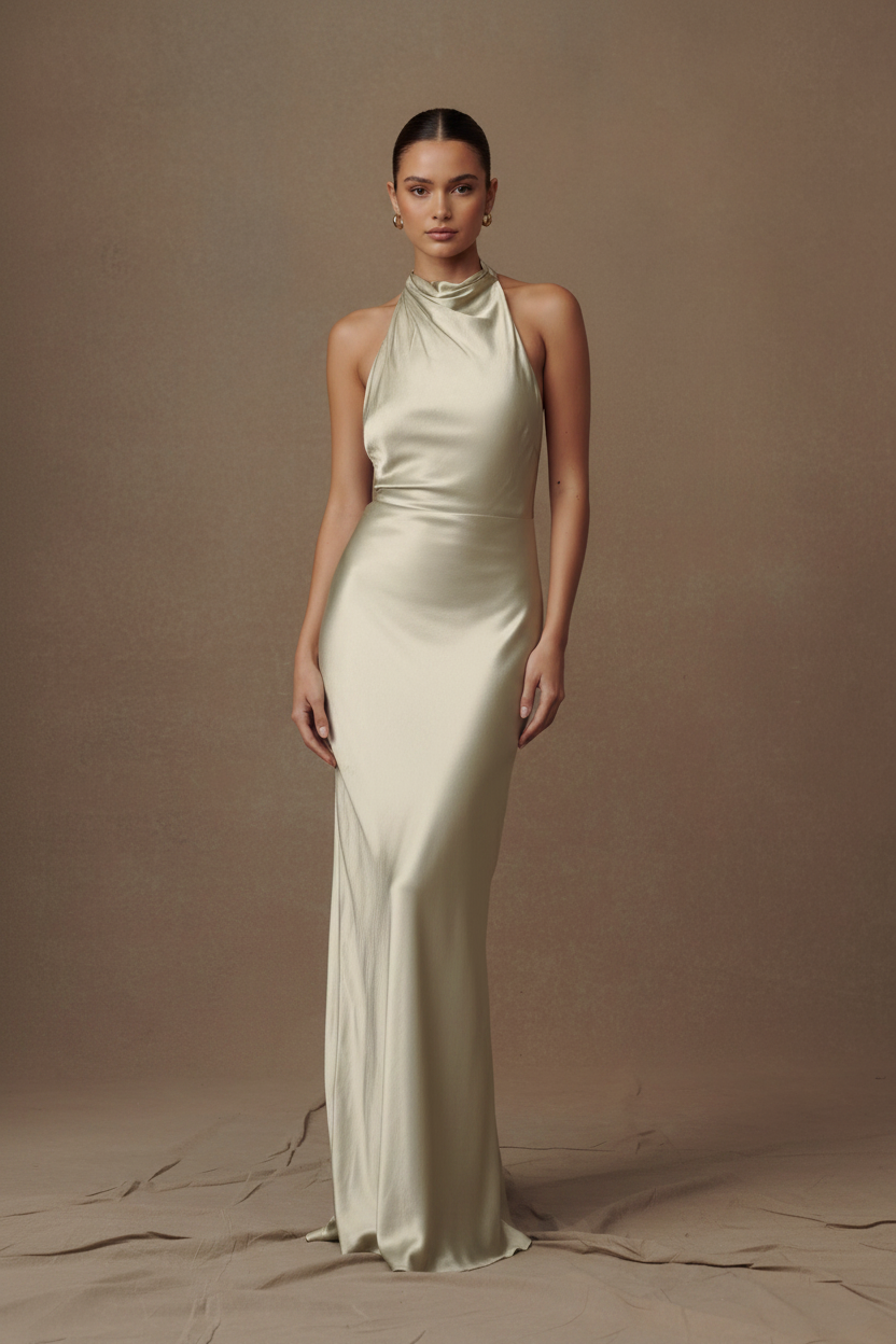 Aurelia Cowl Halter Backless Satin Column Gown in Sage, front view
