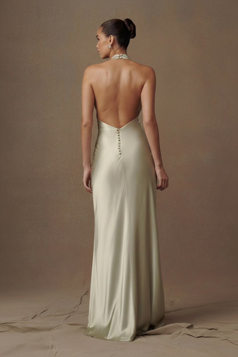 Aurelia Cowl Halter Backless Satin Column Gown in Sage, back view