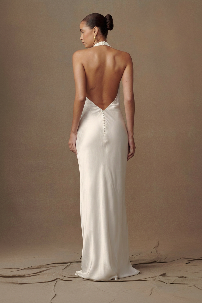 Aurelia Cowl Halter Backless Satin Column Gown in Ivory, back view