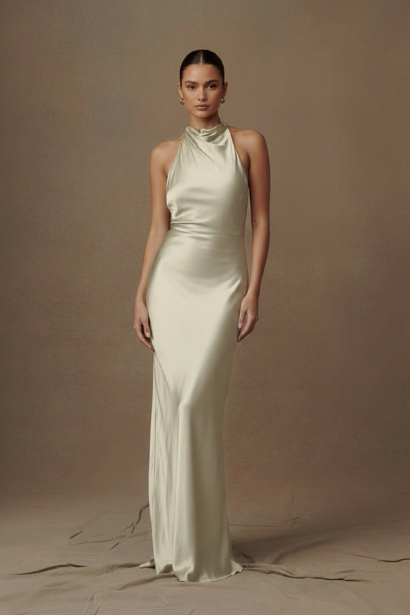 Aurelia Cowl Halter Backless Satin Column Gown in Ivory, front view