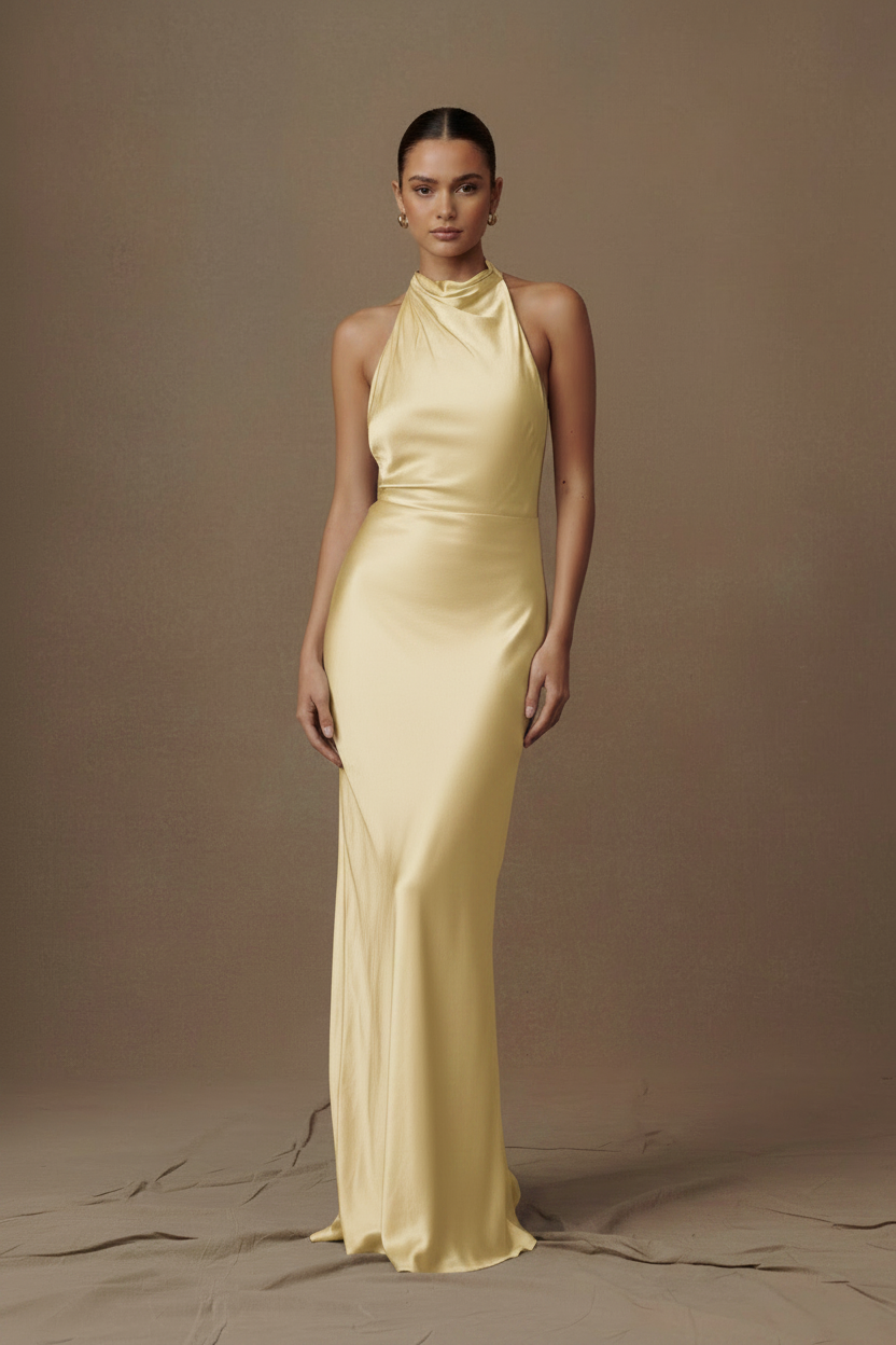 Aurelia Cowl Halter Backless Satin Column Gown in Lemon Sorbet, front view