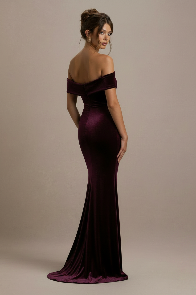 Selene Bardot Velvet Mermaid Maxi Dress in Burgundy, back view