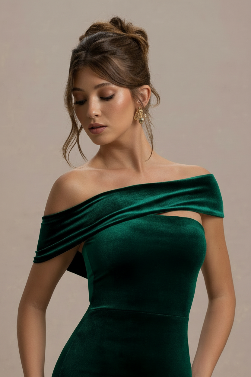 Selene Bardot Velvet Mermaid Maxi Dress in Hunter Green, neckline detail