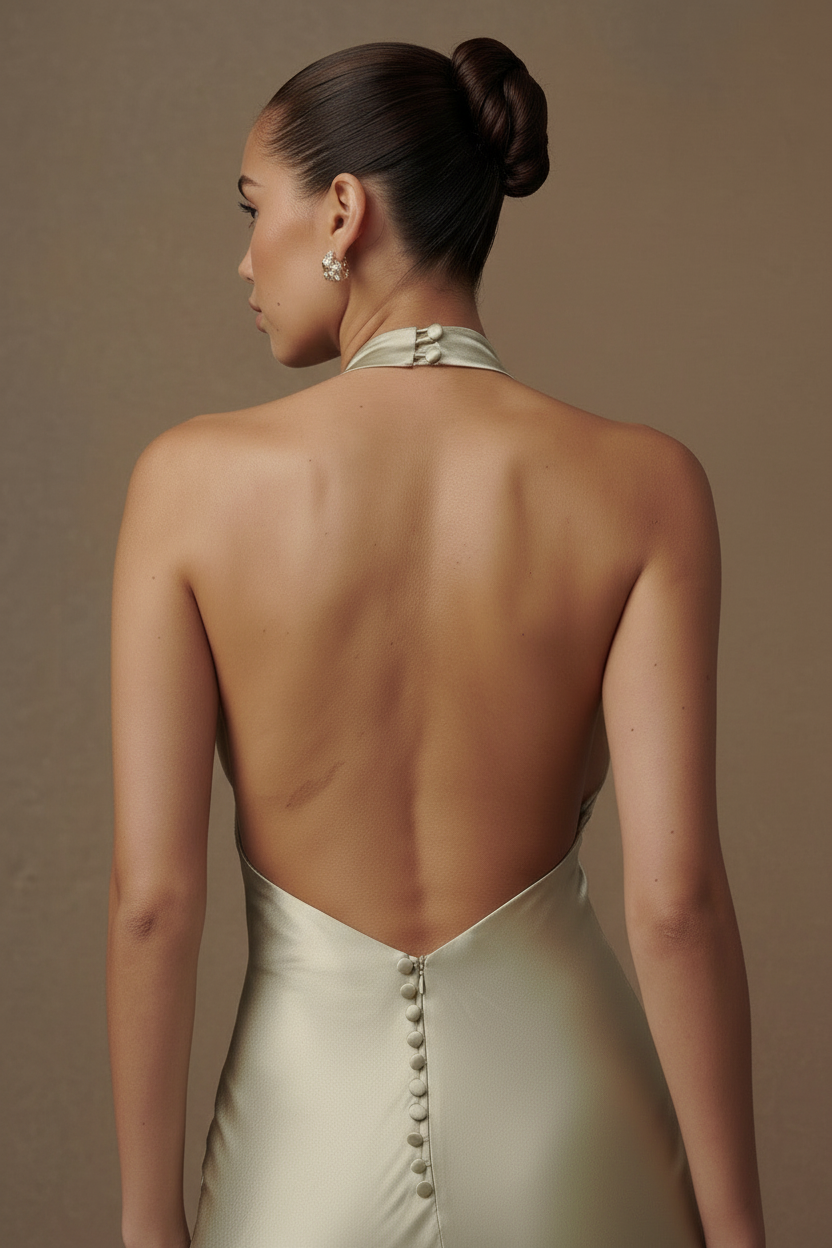 Aurelia Cowl Halter Backless Satin Column Gown in Sage, back button detail close-up