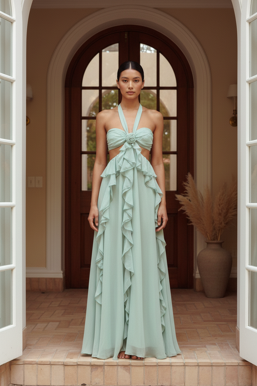 Valentina Rosette Cut-Out Ruffle Maxi Dress in Sage - front view