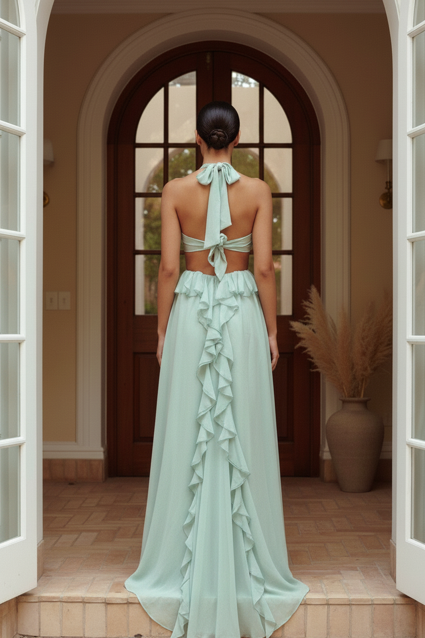 Valentina Rosette Cut-Out Ruffle Maxi Dress in Sage - back view