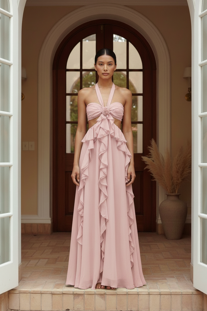 Valentina Rosette Cut-Out Ruffle Maxi Dress in Blush - front view