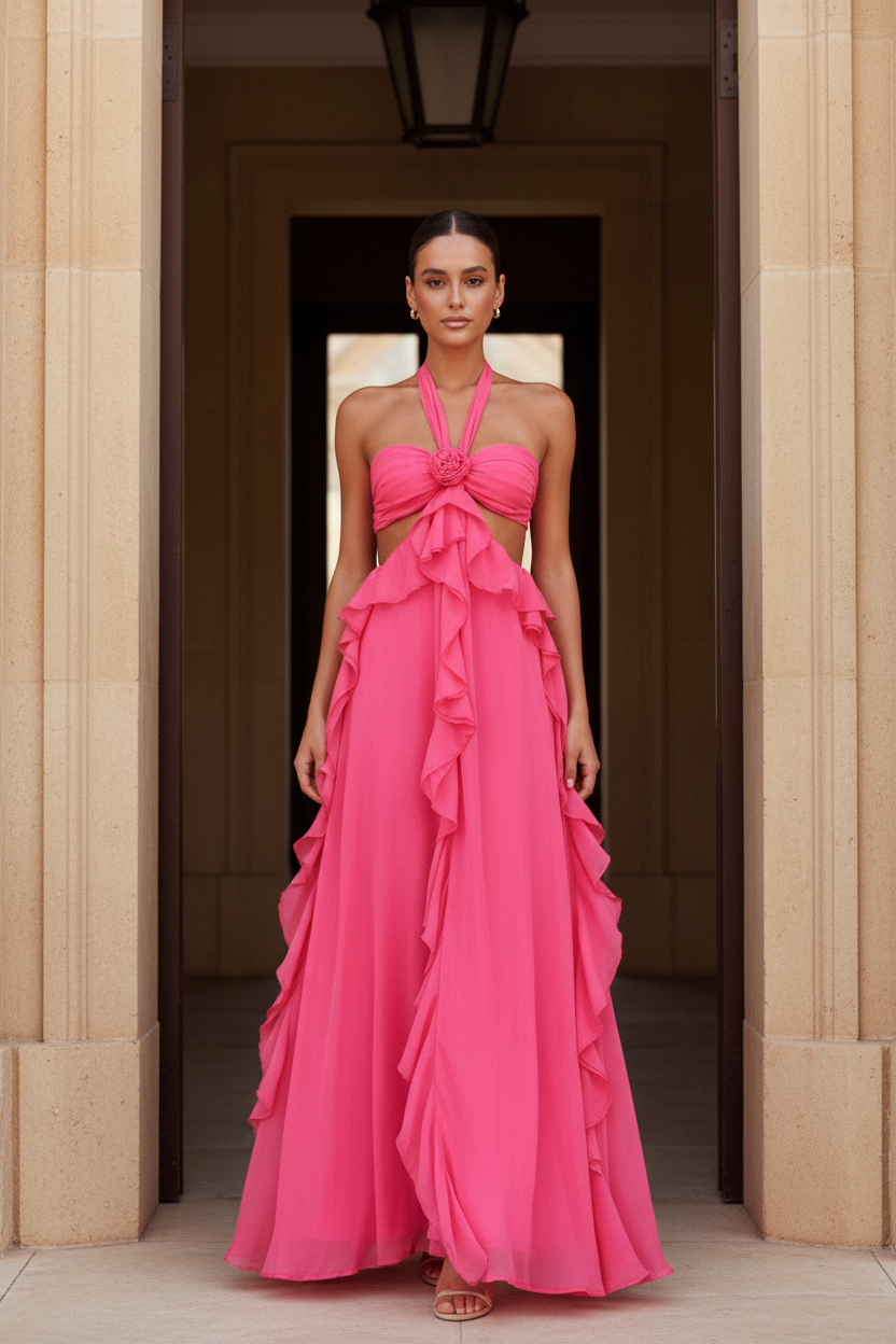 Valentina Rosette Cut-Out Ruffle Maxi Dress in Fuchsia - front view