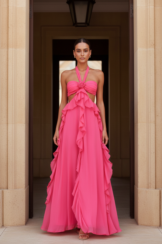 Valentina Rosette Cut-Out Ruffle Maxi Dress in Fuchsia - front view