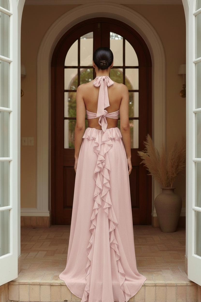 Valentina Rosette Cut-Out Ruffle Maxi Dress in Blush - back view