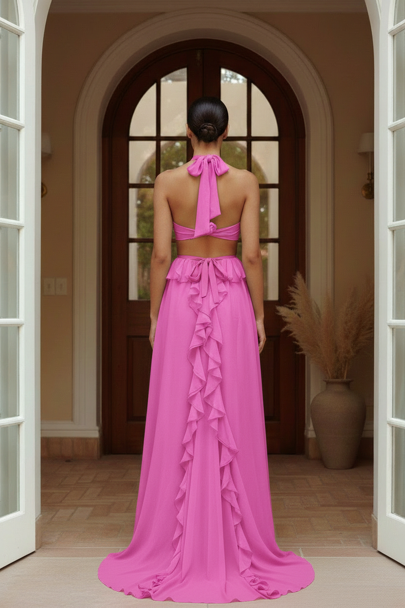Valentina Rosette Cut-Out Ruffle Maxi Dress in Fuchsia - back view