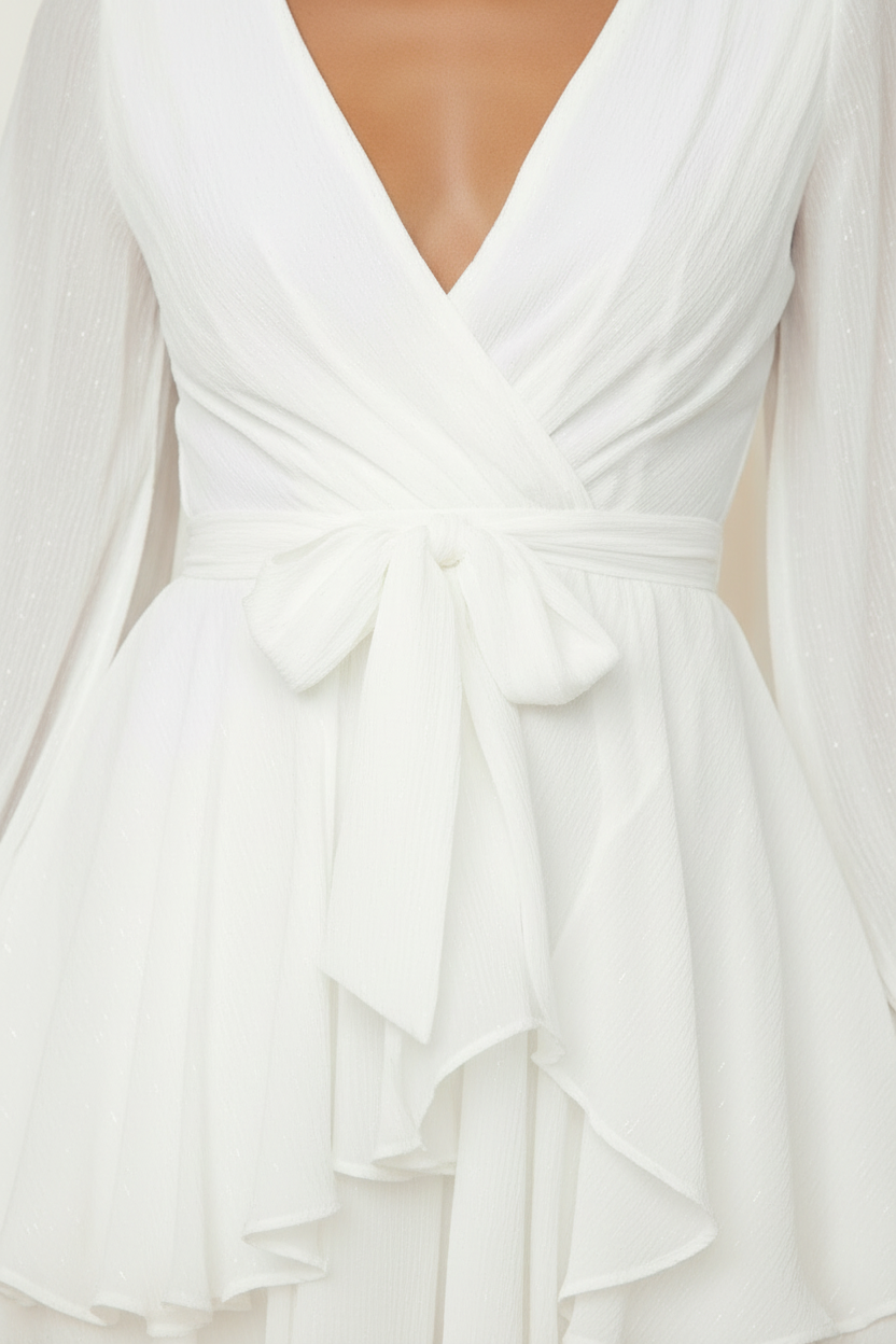 Camille Wrap Bishop-Sleeve Tiered Ruffle Mini Dress in White - waist bow detail