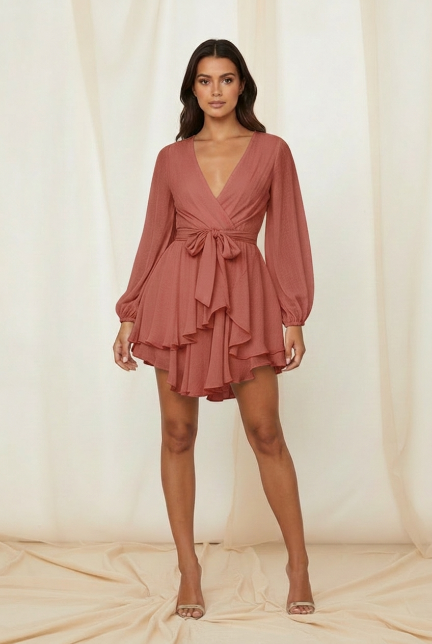Camille Wrap Bishop-Sleeve Tiered Ruffle Mini Dress in Terracotta Rose - front view