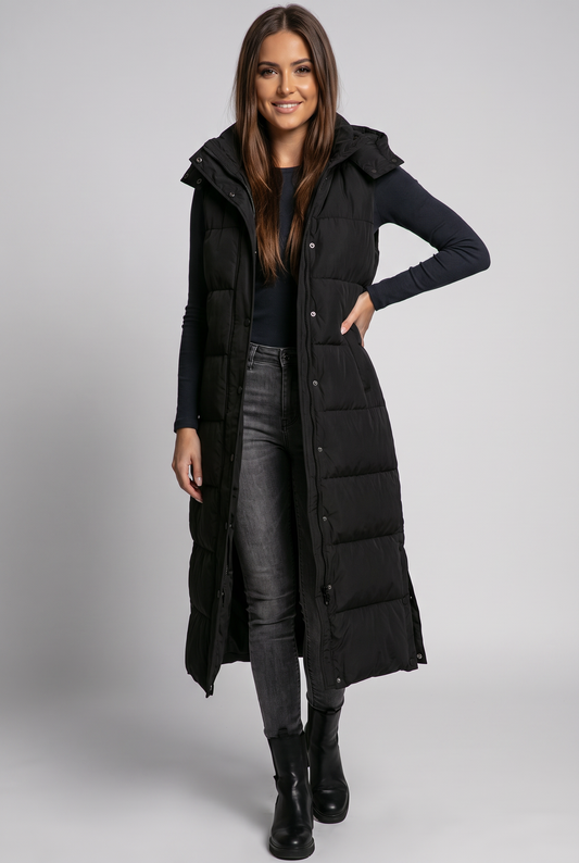 Sabine Hooded Quilted Longline Puffer Vest - Black - front