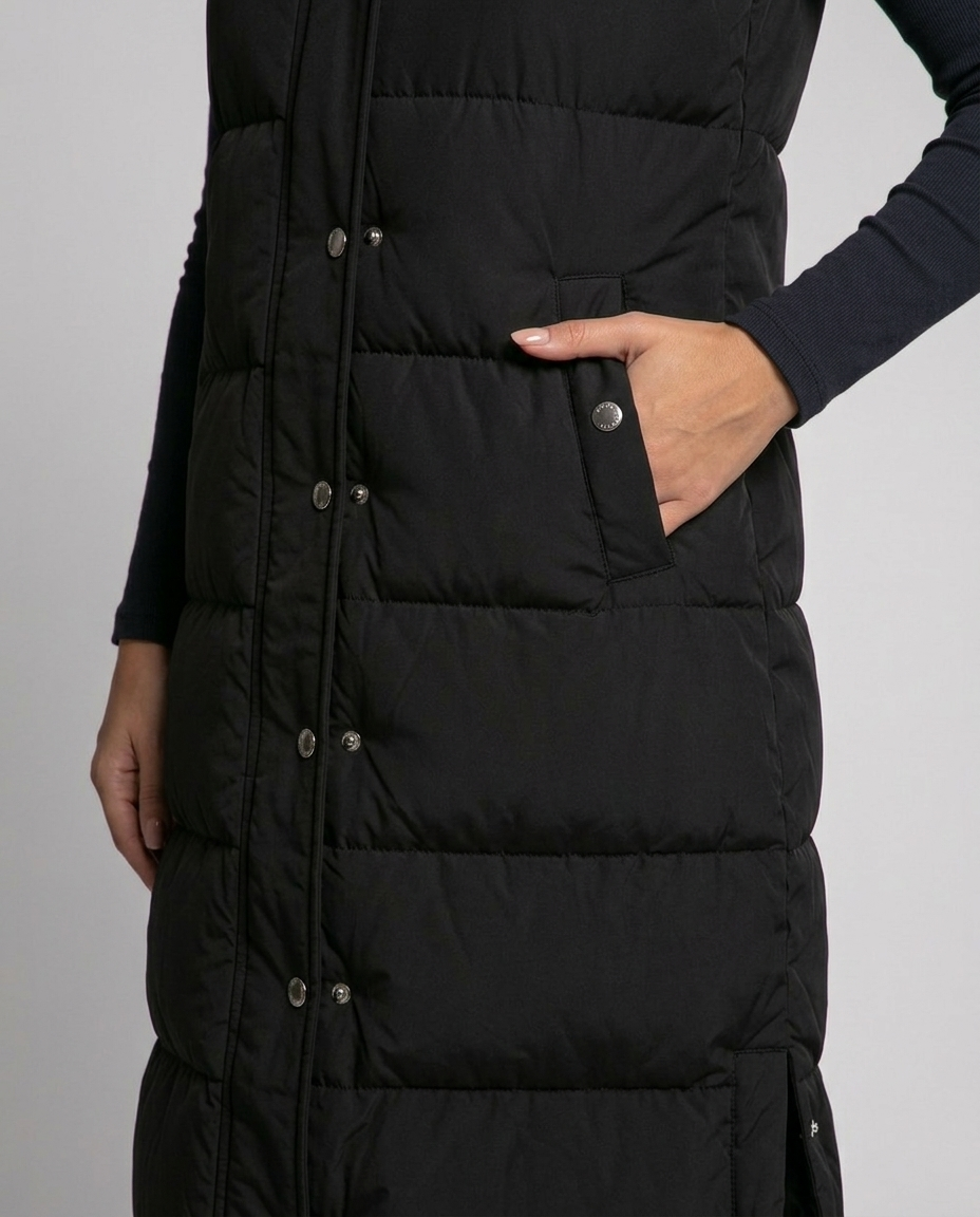 Sabine Hooded Quilted Longline Puffer Vest - Black - detail