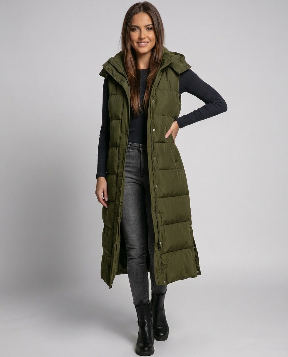 Sabine Hooded Quilted Longline Puffer Vest - Army Green - front