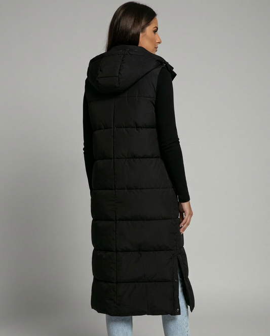 Sabine Hooded Quilted Longline Puffer Vest - Black - back