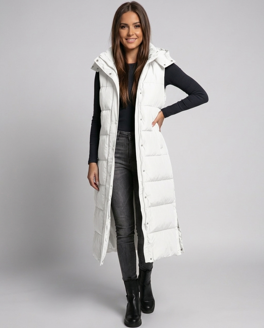 Sabine Hooded Quilted Longline Puffer Vest - White - front