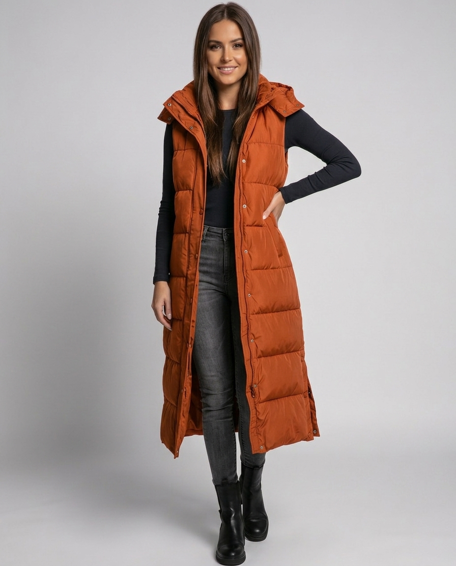 Sabine Hooded Quilted Longline Puffer Vest - Orange - front