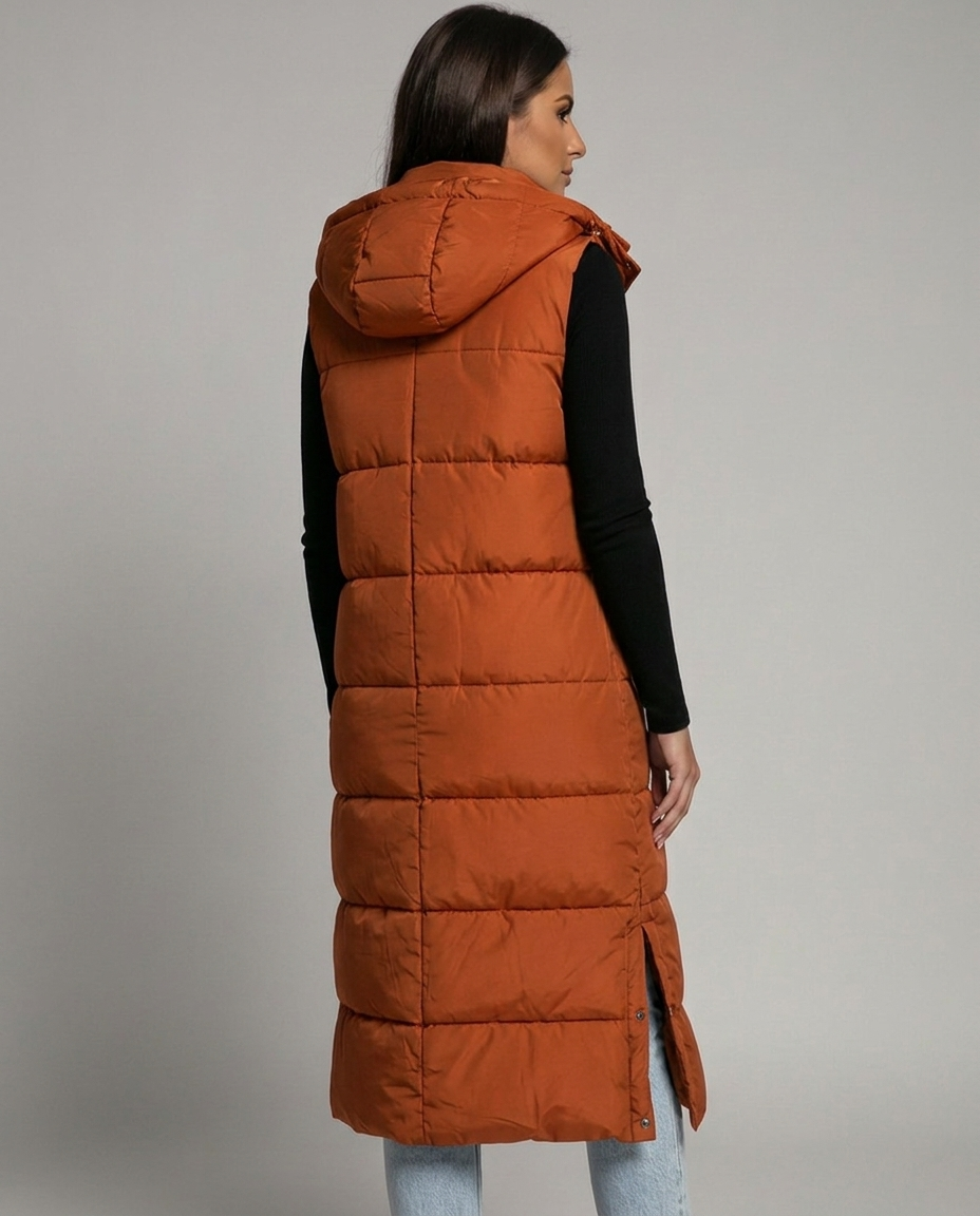 Sabine Hooded Quilted Longline Puffer Vest - Orange - back