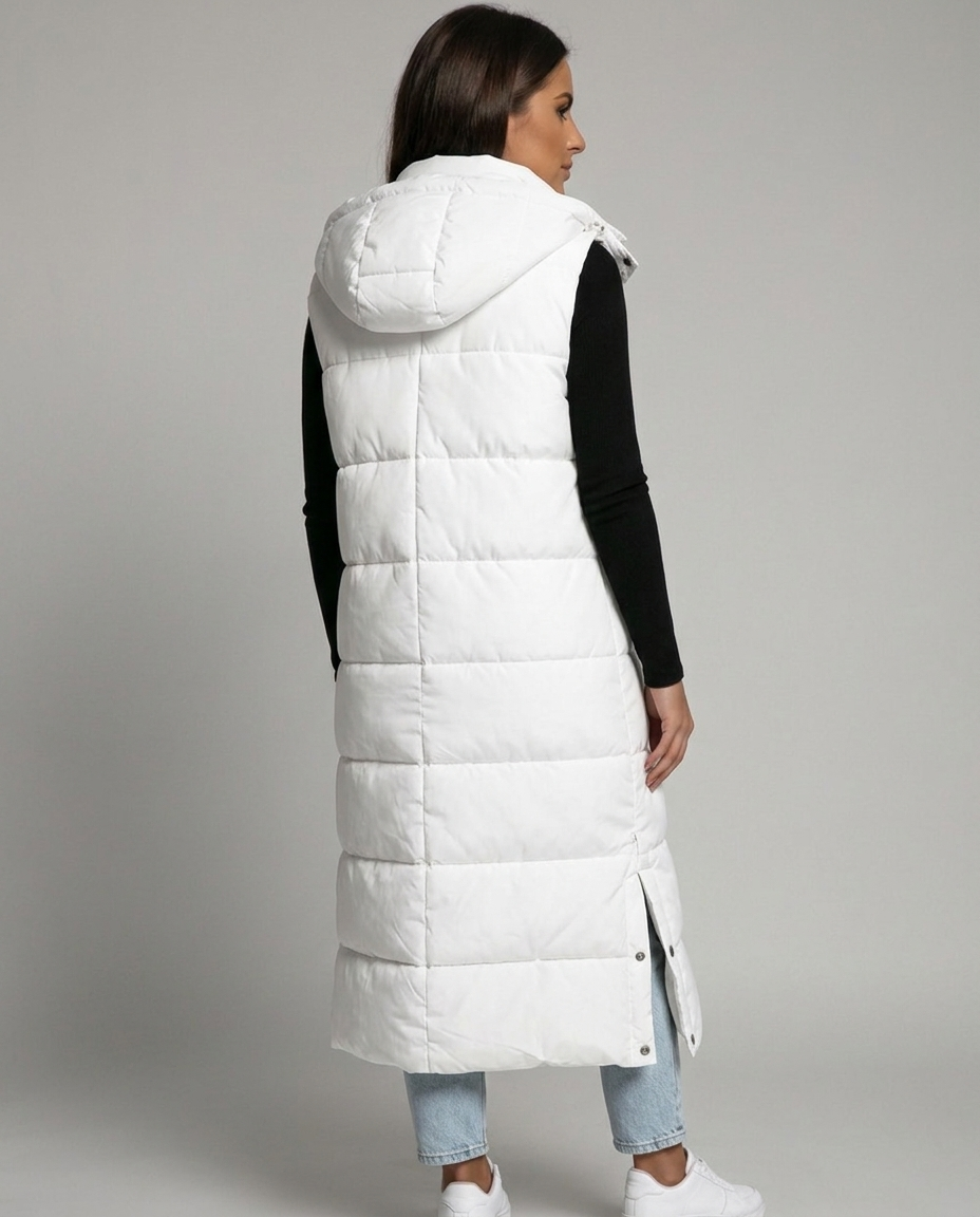 Sabine Hooded Quilted Longline Puffer Vest - White - back